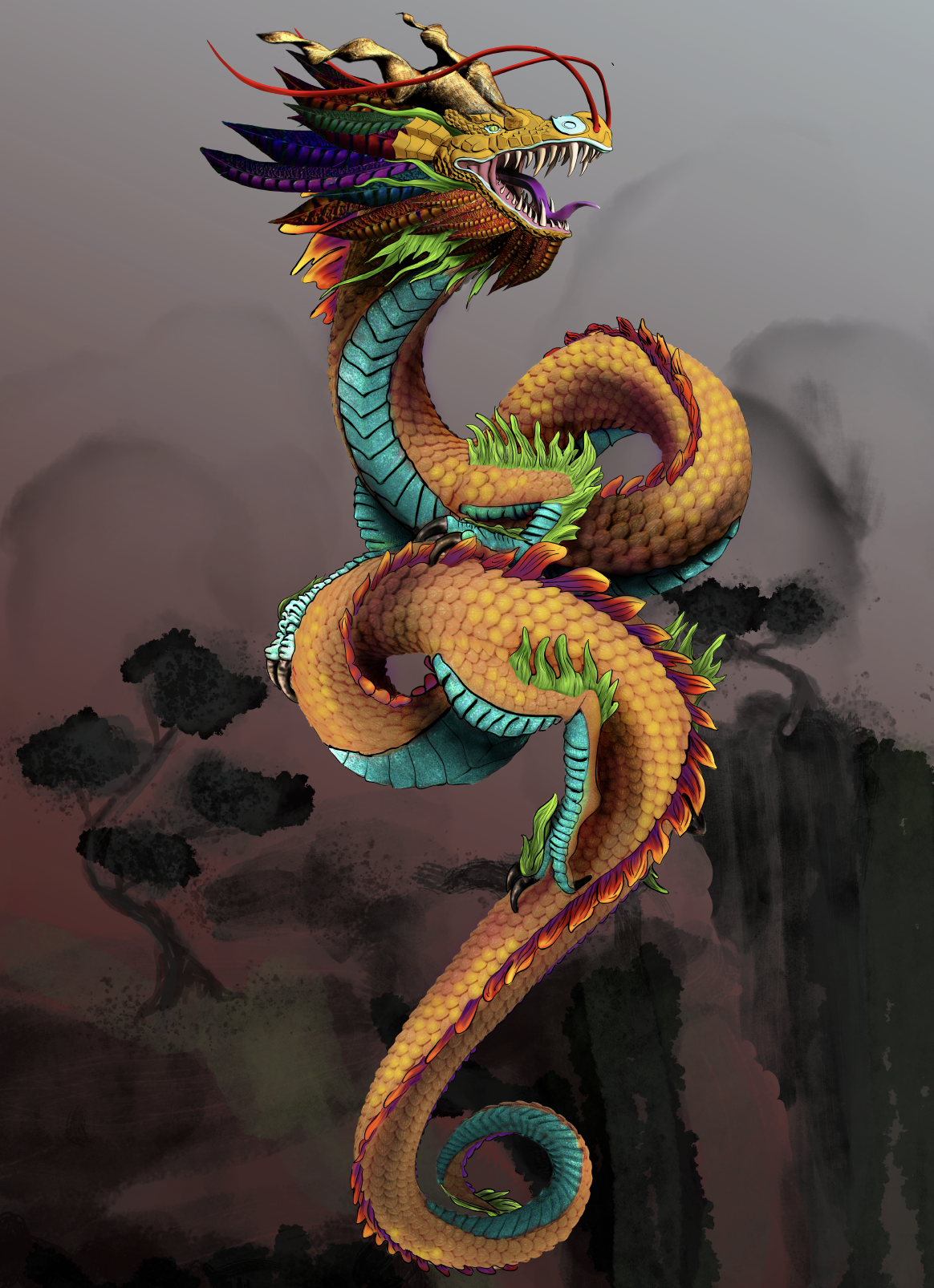 Digital painting of fantasy dragon in classical Asian art style